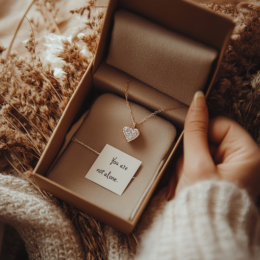 A delicate hand offering a gift-wrapped crystal necklace with a handwritten note that reads “You are not alone”