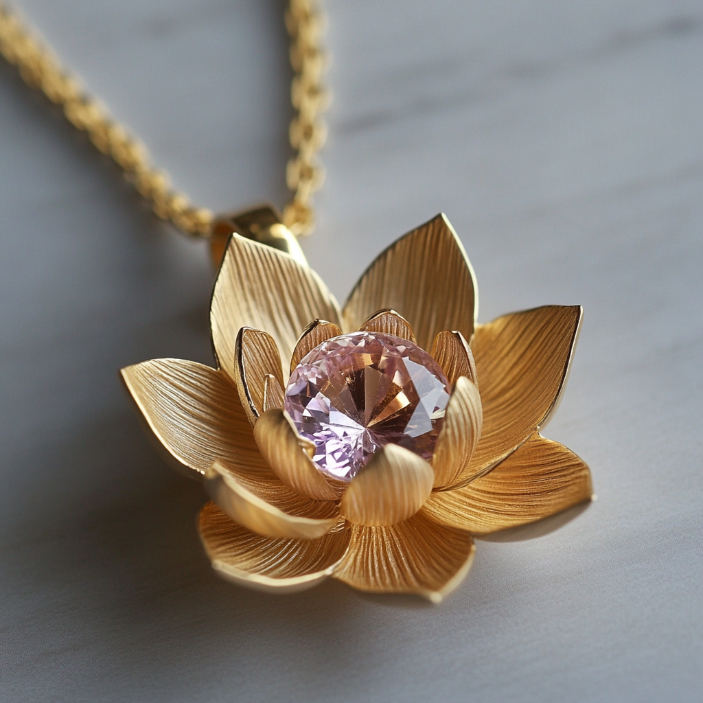 Lotus flower necklace with pink kunzite crystal center