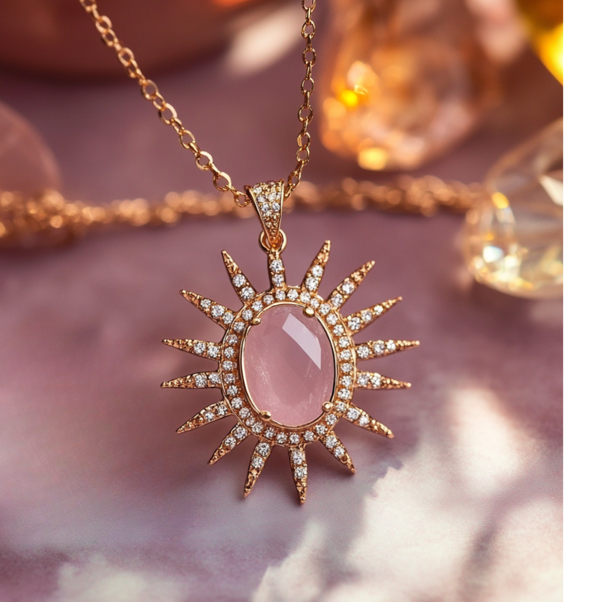 Heartbeam Necklace with rose quartz center and crystal sunburst design
