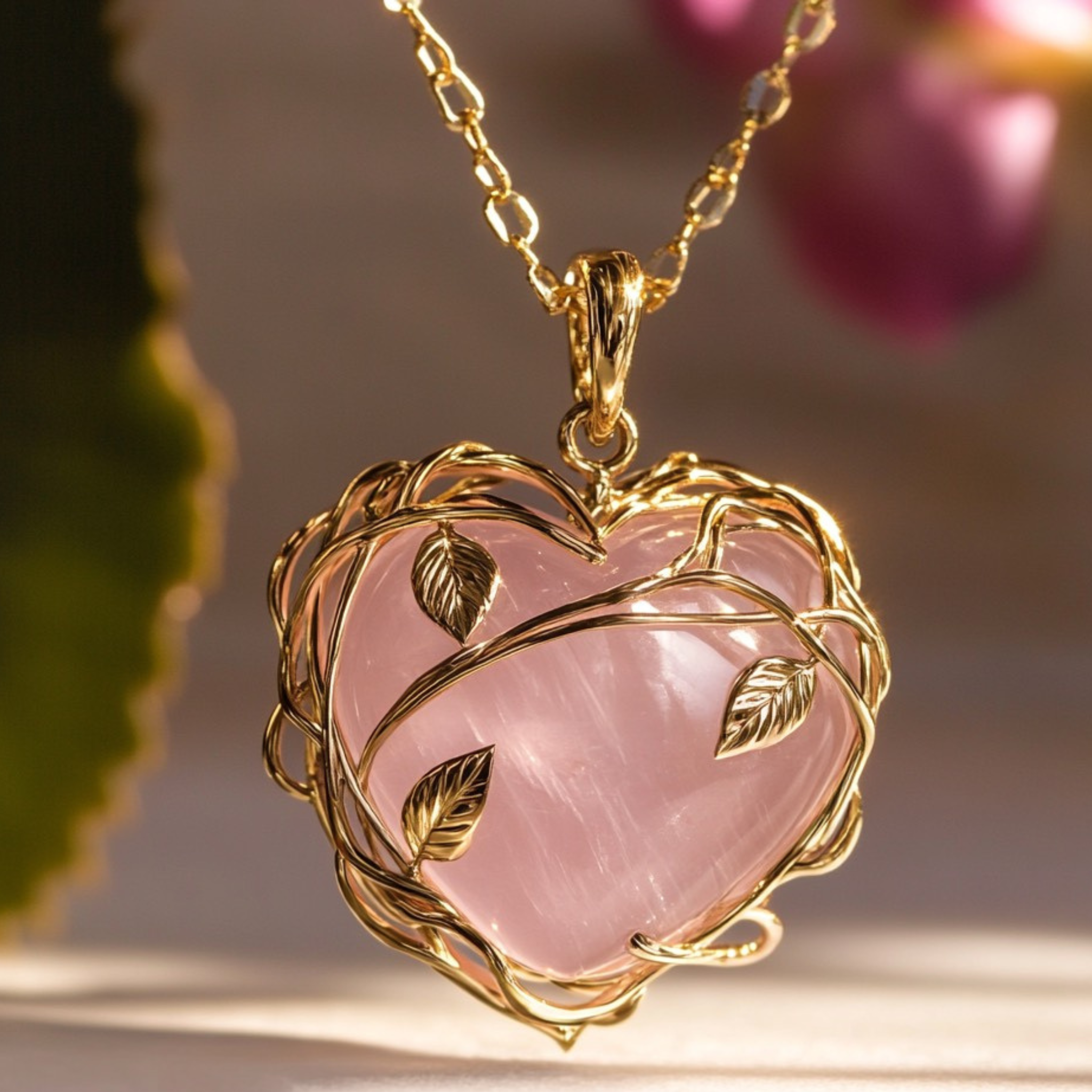 Gold-wrapped rose quartz pendant for emotional healing